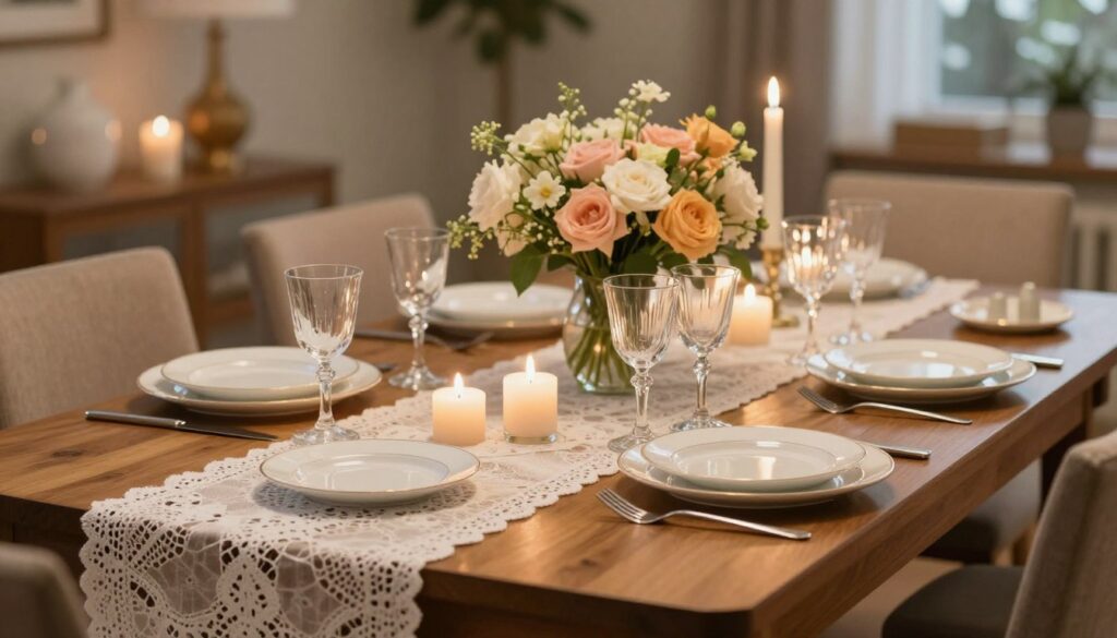 A beautifully set family dining table for a festive occasion, showcasing elegant tableware and thoughtful accessories. In the foreground, a polished wooden table adorned with a delicate lace tablecloth and a centerpiece of fresh flowers in soft pastel colors. The middle layer features shimmering glassware and fine china plates, arranged artfully with elegant cutlery. Candles flicker softly, casting a warm glow, creating an inviting atmosphere. In the background, subtly blurred elements like a cozy dining room with tasteful decor enhance the setting without distraction. The lighting is soft and warm, hinting at an intimate gathering, captured with a slight depth of field to emphasize the table's details.