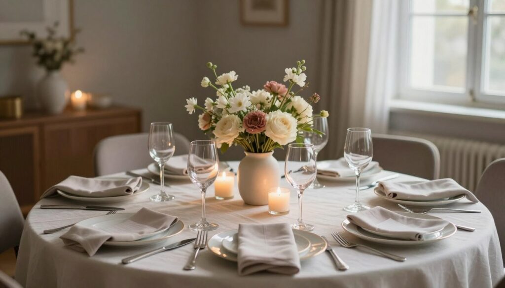 A beautifully set round dining table, elegantly decorated for a stylish gathering. In the foreground, there are delicate white plates adorned with soft pastel napkins, complemented by slender glassware reflecting ambient light. The middle ground features a tasteful arrangement of fresh flowers in a minimalist vase, balanced with a few charming candles, creating a warm, inviting atmosphere. The background reveals a softly lit room, with muted colors enhancing the tranquil mood. Natural light filters in through a window, casting gentle shadows that add depth to the scene. The overall composition emphasizes proportion and lightness, with a harmonious blend of elements that suggest a cozy yet refined dining experience.