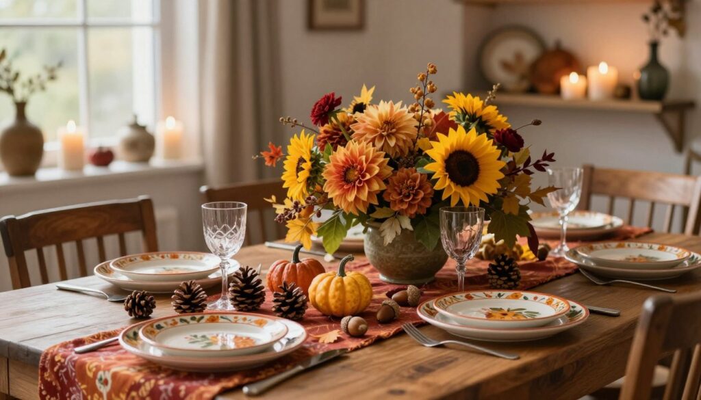 A beautifully set seasonal dining table showcasing autumn decorations. In the foreground, a rustic wooden table adorned with a vibrant tablecloth featuring earthy tones. Delicate, hand-painted ceramic dishes in warm hues, accompanied by natural elements like pinecones, acorns, and small gourds. In the middle ground, a stunning centerpiece made of a large, festively arranged bouquet of seasonal flowers such as dahlias, sunflowers, and leaves in rich autumn colors. In the background, softly blurred shelves displaying decorative candles and seasonal ornaments, with warm, ambient lighting creating a cozy atmosphere. The scene should evoke a sense of warmth and inviting comfort, perfect for seasonal entertaining. Soft, natural light filters through a nearby window, enhancing the inviting mood of the arrangement. A beautifully set seasonal dining table showcasing autumn decorations. In the foreground, a rustic wooden table adorned with a vibrant tablecloth featuring earthy tones. Delicate, hand-painted ceramic dishes in warm hues, accompanied by natural elements like pinecones, acorns, and small gourds. In the middle ground, a stunning centerpiece made of a large, festively arranged bouquet of seasonal flowers such as dahlias, sunflowers, and leaves in rich autumn colors. In the background, softly blurred shelves displaying decorative candles and seasonal ornaments, with warm, ambient lighting creating a cozy atmosphere. The scene should evoke a sense of warmth and inviting comfort, perfect for seasonal entertaining. Soft, natural light filters through a nearby window, enhancing the inviting mood of the arrangement.