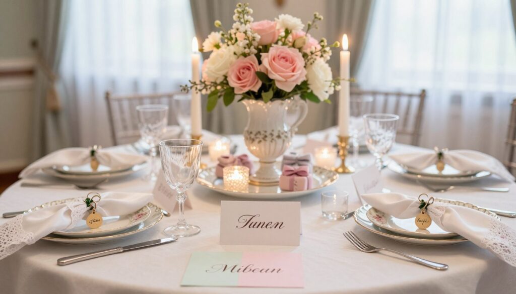A beautifully set table for a girl's communion, elegantly decorated with personalized accents. In the foreground, delicate place cards showcasing each guest's name in elegant calligraphy on pastel-colored paper. A centerpiece of soft pink and white flowers in a charming vase, surrounded by shimmering candles. The middle layer features fine china with intricate floral patterns, satin napkins tied with lace, and small personalized favors for guests, such as engraved keychains. In the background, a softly lit room with sheer curtains allowing natural light to filter in, creating a warm and inviting ambiance. The scene is intimate and festive, capturing the essence of a special celebration, with a focus on sophistication and delicate elegance.