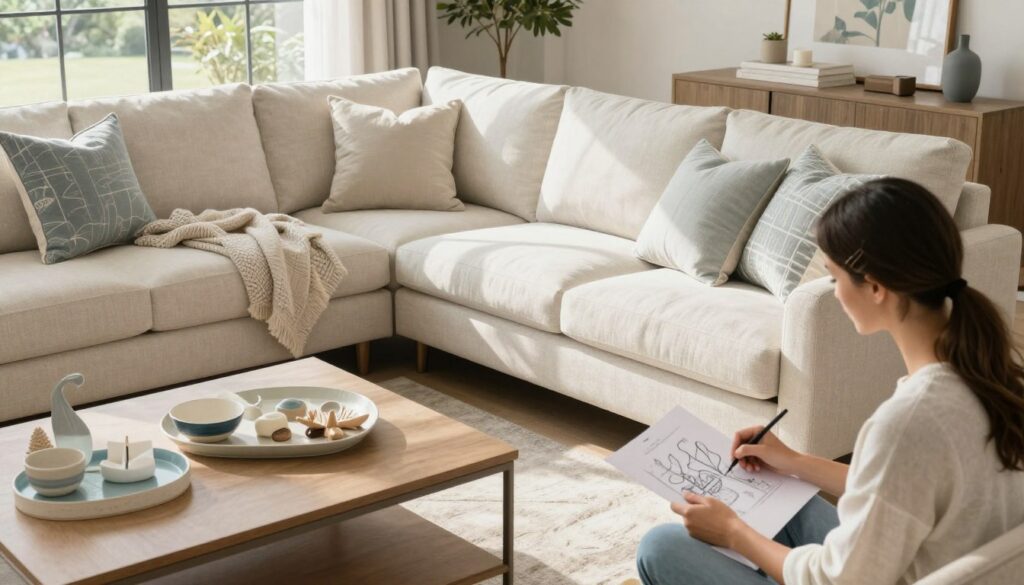 A beautifully styled living room featuring a customizable corner sofa, showcasing the "Hampton" design. The sofa is upholstered in a light, elegant fabric, reflecting a coastal aesthetic with neutral tones and soft textures. In the foreground, a designer sits thoughtfully, sketching ideas for personalizing the sofa with accent pillows and throws. The middle ground features a coffee table adorned with coastal-themed decor. The background reveals a large window, allowing natural sunlight to illuminate the space, enhancing the airy, serene atmosphere. The composition should have a warm, inviting feel, with light streaming in, captured from a slightly elevated angle to emphasize the customization elements and the cozy environment.