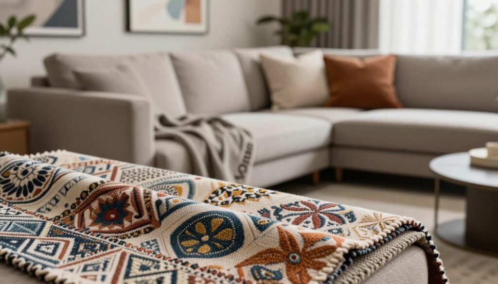 A beautifully textured fabric swatch in the foreground, showcasing intricate patterns and a rich color palette suitable for interior design. In the middle ground, a stylish corner sofa, like the "Monte," is elegantly draped with this fabric, accentuated by plush cushions in coordinating colors. The background features a softly lit living room, with hints of modern decor such as artworks and potted plants, creating a warm and inviting atmosphere. The lighting is soft and diffuse, evoking a calm ambiance. The perspective is slightly angled to emphasize the fabric's texture and the overall arrangement, capturing the essence of selecting the right fabric and color schemes for interior design.