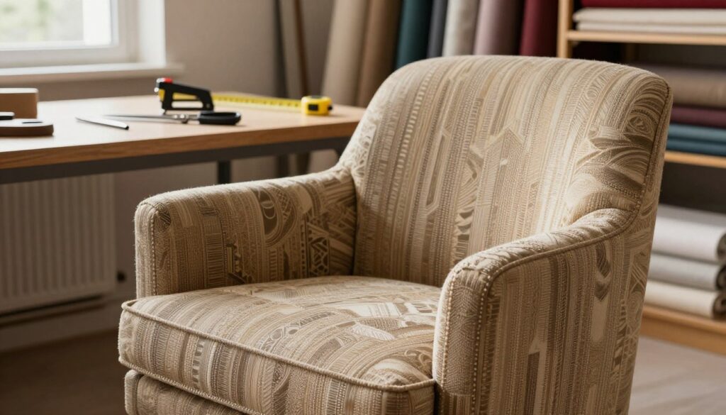 A beautifully upholstered armchair is the focal point of the image, showcasing intricate fabric patterns that highlight the quality of the craftsmanship. In the foreground, a close-up view reveals the fine stitches and delicate textures of the upholstery, reflecting expert restoration work. The middle ground features a softly lit, modern workspace with tools like fabric scissors, a staple gun, and a measuring tape neatly arranged, indicating a professional setting for upholstery. In the background, a well-organized workshop with shelves of various fabrics adds depth to the scene, bathed in warm, natural light that creates a welcoming atmosphere. The colors are rich and inviting, emphasizing the value of quality upholstery work while conveying an air of professionalism and artistry in furniture restoration.