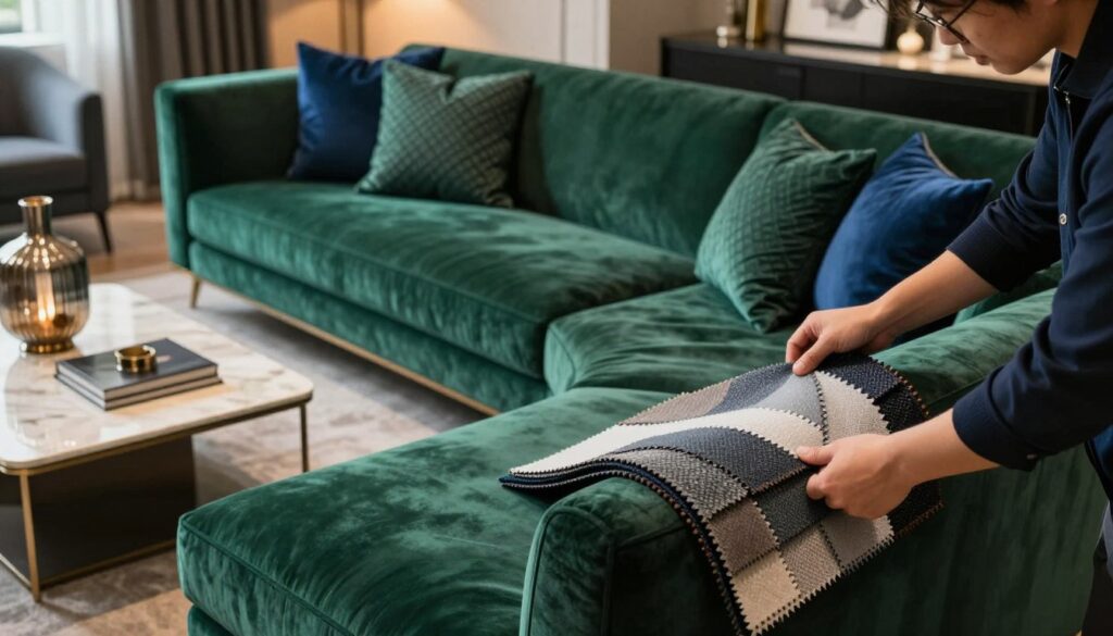 A bespoke velvet corner sofa in a modern, classy interior, showcasing rich, deep colors like emerald green and royal blue. The sofa is adorned with textured throw pillows, emphasizing elegance and comfort. In the foreground, a skilled artisan carefully drapes fabric samples over the arm of the sofa, illustrating the personalization of upholstery materials. The middle ground features a stylish coffee table with a decorative vase and books, while in the background, soft, warm lighting casts a cozy ambiance, highlighting the room’s luxe atmosphere. The angle captures the intricate details of both the sofa and fabrics, creating an inviting and sophisticated scene that reflects the paragon of modern glamour.