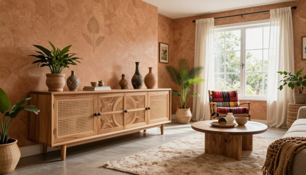 A boho-style sideboard in a cozy living room setting, beautifully crafted from natural wood with intricate carvings and woven rattan accents. In the foreground, the sideboard showcases a selection of potted plants, artisanal decor pieces, and stack of colorful textiles. In the middle, a soft, plush rug lies beneath a low coffee table adorned with a few eclectic objects. The background features a wall of warm-toned, textured wallpaper and large windows letting in natural light, draped with sheer curtains for an airy feel. The overall atmosphere is inviting and calm, with soft, diffused lighting creating gentle shadows, capturing the essence of bohemian decor. Aim for a warm color palette that emphasizes earthy tones and natural textures, enhanced by a wide-angle lens perspective. A boho-style sideboard in a cozy living room setting, beautifully crafted from natural wood with intricate carvings and woven rattan accents. In the foreground, the sideboard showcases a selection of potted plants, artisanal decor pieces, and stack of colorful textiles. In the middle, a soft, plush rug lies beneath a low coffee table adorned with a few eclectic objects. The background features a wall of warm-toned, textured wallpaper and large windows letting in natural light, draped with sheer curtains for an airy feel. The overall atmosphere is inviting and calm, with soft, diffused lighting creating gentle shadows, capturing the essence of bohemian decor. Aim for a warm color palette that emphasizes earthy tones and natural textures, enhanced by a wide-angle lens perspective.