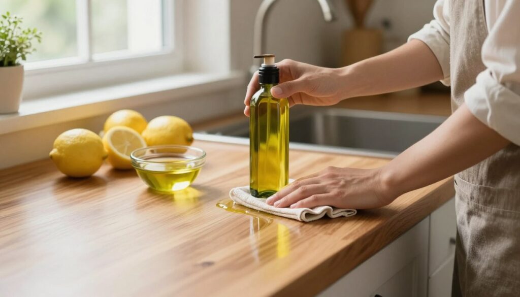 A bright and inviting kitchen scene showcasing the process of polishing a kitchen countertop using natural, safe methods. In the foreground, a person dressed in casual yet professional attire is seen applying a homemade polish made from vinegar and olive oil to a gleaming wooden countertop, with a soft cloth in hand. The middle ground features fresh lemons and a small bowl of olive oil, hinting at natural ingredients. In the background, a sunny window lets in warm, natural light, illuminating the workspace and creating a cozy atmosphere. The image should capture a sense of cleanliness and domestic tranquility, inviting the viewer to explore home care techniques. The angle is slightly elevated, focusing on the countertop while providing a glimpse of the kitchen's decor.