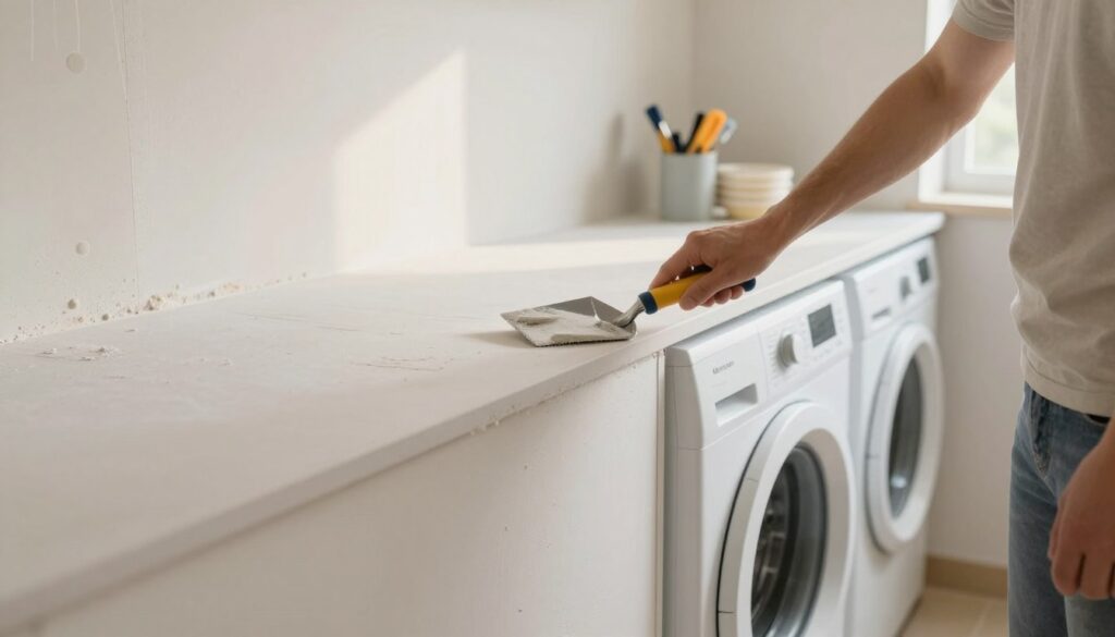 A bright, modern laundry room featuring a wall preparation process for installing a countertop over a washing machine. In the foreground, a person in modest casual clothing is smoothing the wall with a trowel, demonstrating care and focus. The middle layer showcases a partially completed wall, where drywall is installed, and the surface is being leveled and prepared for the countertop. In the background, a clean and organized space reveals the washing machine, tools, and materials neatly arranged. Soft, natural light filters in through a nearby window, casting a warm glow on the scene, creating a practical and inviting atmosphere. The angle captures both the textured wall and the preparation details, emphasizing stability and aesthetic appeal.