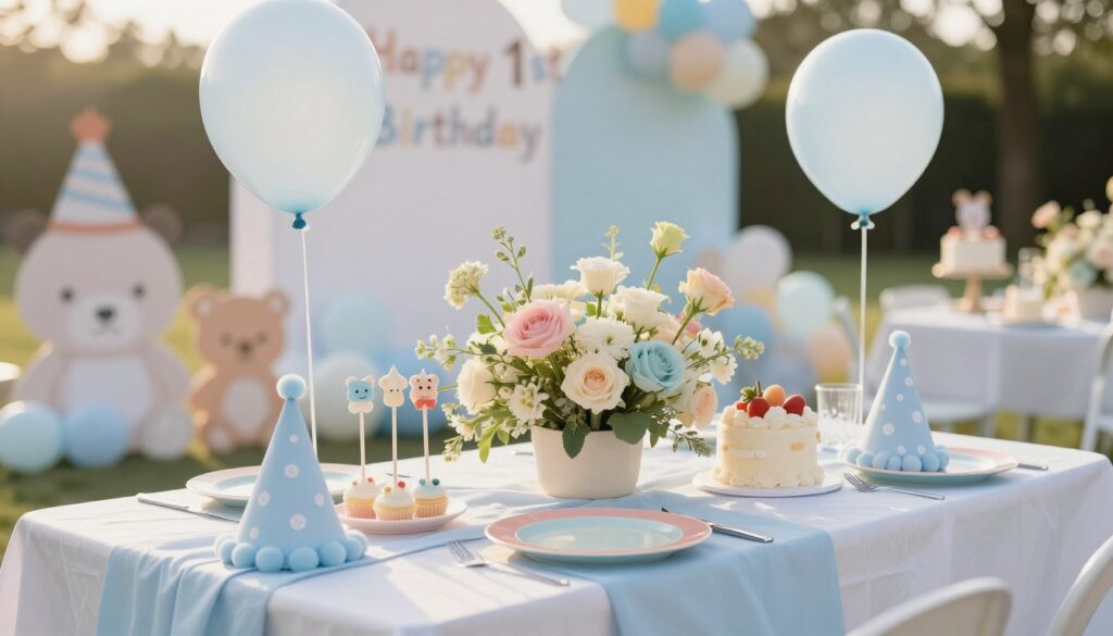 A charming celebration setup for a baby's first birthday party, featuring a beautifully decorated table with a cohesive theme. In the foreground, a table draped in soft blue and white linens, adorned with a delicate centerpiece of pastel balloons and fresh flowers. Close-up details include adorable cake pops and a small, elegantly designed birthday cake. In the middle, cute matching party hats and colorful plates invite anticipation. Soft golden afternoon light bathes the scene, creating a warm, familial atmosphere. In the background, playful decorations with a touch of whimsy, such as a banner with “Happy 1st Birthday,” add to the festive feel. Capture this festive moment with a shallow depth of field to emphasize the decoration while softly blurring the inviting surroundings. A charming celebration setup for a baby's first birthday party, featuring a beautifully decorated table with a cohesive theme. In the foreground, a table draped in soft blue and white linens, adorned with a delicate centerpiece of pastel balloons and fresh flowers. Close-up details include adorable cake pops and a small, elegantly designed birthday cake. In the middle, cute matching party hats and colorful plates invite anticipation. Soft golden afternoon light bathes the scene, creating a warm, familial atmosphere. In the background, playful decorations with a touch of whimsy, such as a banner with “Happy 1st Birthday,” add to the festive feel. Capture this festive moment with a shallow depth of field to emphasize the decoration while softly blurring the inviting surroundings.