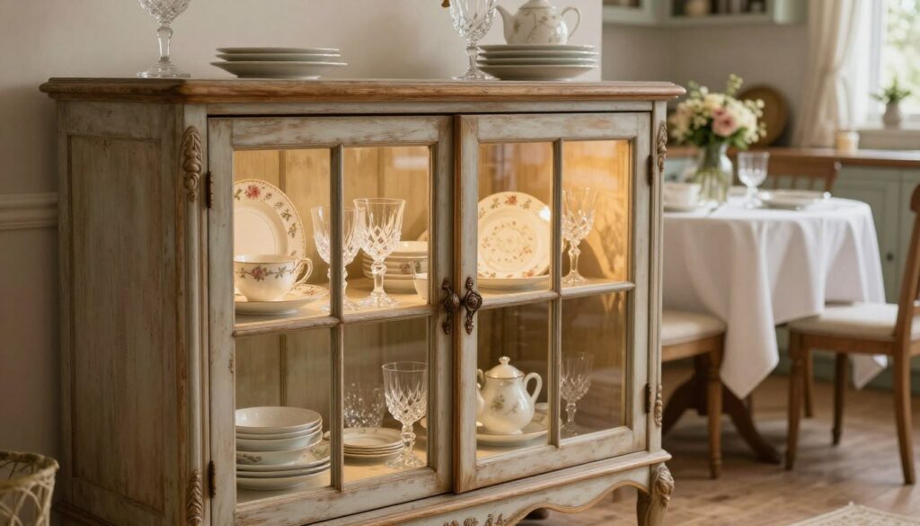 A charming vintage French credenza with glass-paneled doors, elegantly showcasing an array of delicate porcelain dishware and crystal glassware illuminated by soft, warm light. The foreground features intricate wood detailing on the credenza, highlighting its rustic charm with a slightly distressed finish. The middle-ground includes a beautifully set table, adorned with a simple yet elegant white tablecloth and subtle floral arrangements, enhancing the inviting atmosphere. The background softly blurs into a cozy kitchen or dining area, suffused with natural light filtering through a nearby window. The overall mood is romantic and warm, evoking a sense of nostalgia and the joy of shared meals and gatherings. The scene employs a shallow depth of field, capturing the details of the credenza while keeping the background softly out of focus. A charming vintage French credenza with glass-paneled doors, elegantly showcasing an array of delicate porcelain dishware and crystal glassware illuminated by soft, warm light. The foreground features intricate wood detailing on the credenza, highlighting its rustic charm with a slightly distressed finish. The middle-ground includes a beautifully set table, adorned with a simple yet elegant white tablecloth and subtle floral arrangements, enhancing the inviting atmosphere. The background softly blurs into a cozy kitchen or dining area, suffused with natural light filtering through a nearby window. The overall mood is romantic and warm, evoking a sense of nostalgia and the joy of shared meals and gatherings. The scene employs a shallow depth of field, capturing the details of the credenza while keeping the background softly out of focus.