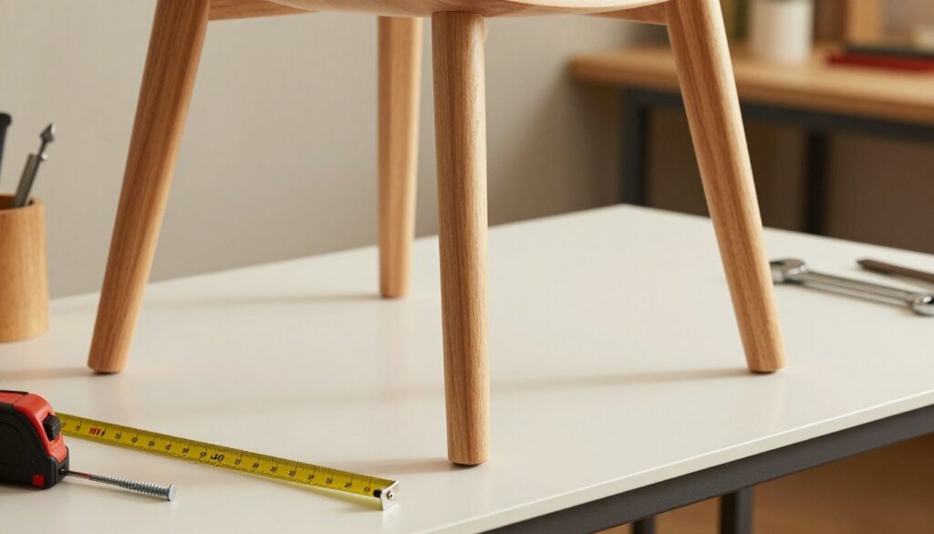 A close-up image of chair legs, emphasizing their design and structure to illustrate ergonomic adjustments. The foreground features four elegantly crafted chair legs, made from natural wood with a smooth finish; their angles are adjustable to demonstrate technical modifications. The middle ground includes a sleek, modern desk and a measuring tape laid out to reflect the adjustment process. In the background, softly blurred, a well-lit workshop setting shows tools like a wrench and screws, indicating a professional repair environment. The lighting is warm and inviting, highlighting the natural texture of the wood. The overall mood is of professionalism and precision, showcasing innovative accessories for chair height adjustments, ideal for a technical article.