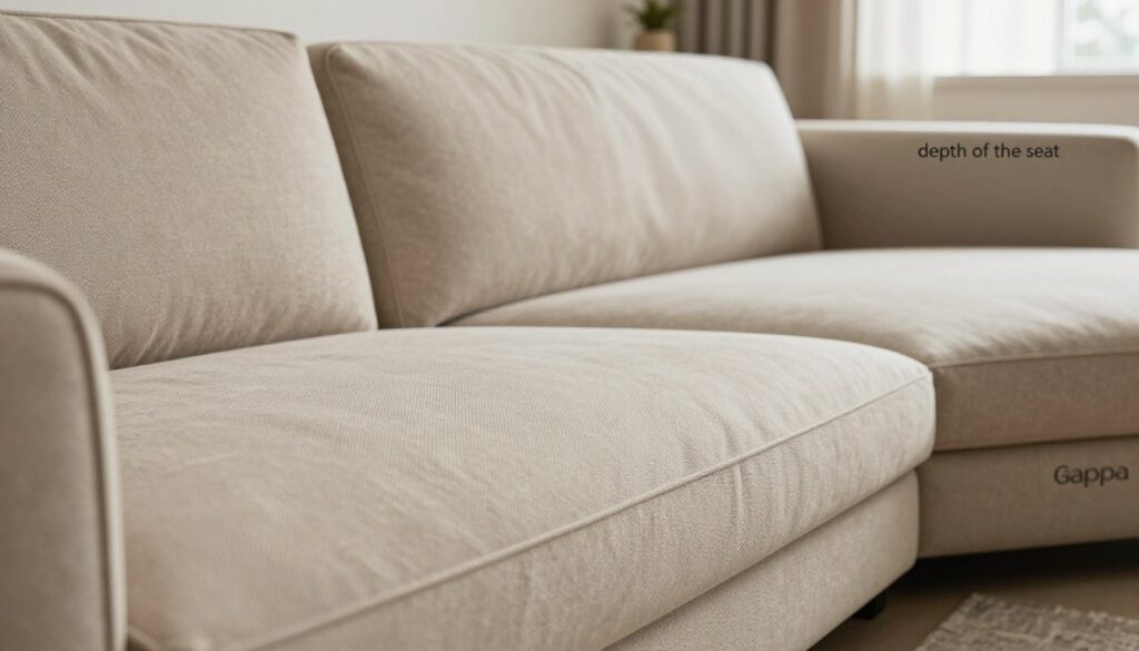 A close-up image showcasing the "depth of the seat" on a modern Gappa corner sofa, emphasizing the plush cushioning and ergonomic design. In the foreground, focus on the rich texture of the fabric, highlighting fine stitching and material quality. The middle ground features the sofa’s sleek profile, illustrating its contemporary lines with a stylish armrest. Soft, diffused natural light bathes the scene, creating a warm, inviting atmosphere. In the background, a minimalist living room decor is subtly blurred to enhance the sofa's prominence, conveying a sense of comfort and sophistication. Shot with a macro lens at a slight angle to provide an engaging perspective.