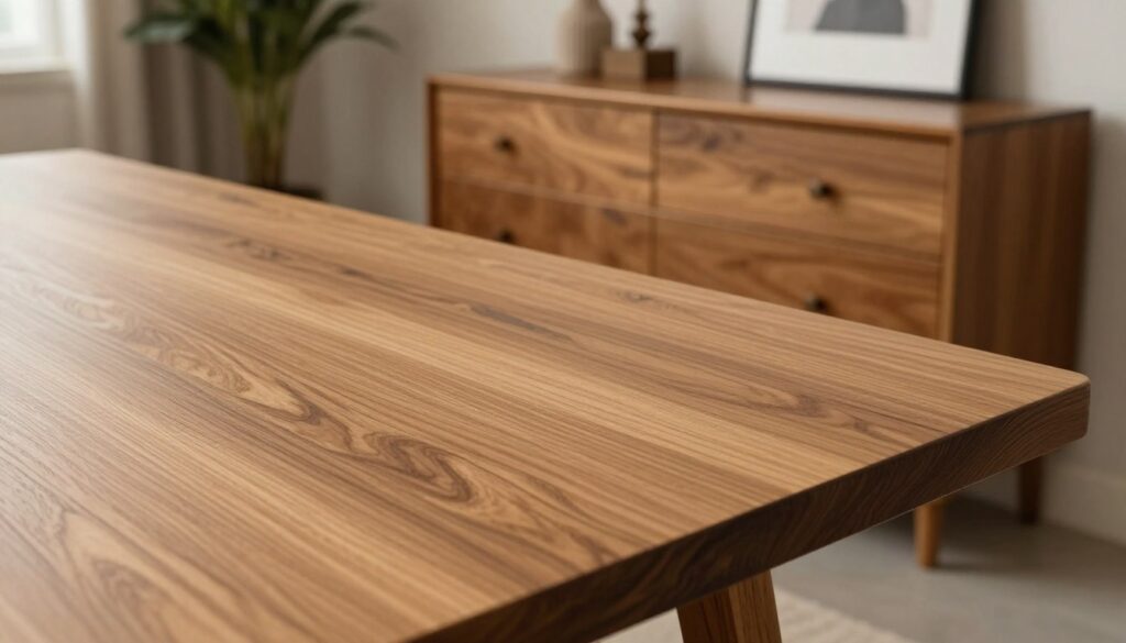 A close-up of a beautifully crafted furniture board, showcasing its durability and texture. In the foreground, focus on the smooth surface of the laminated particle board with a rich, natural wood grain pattern, glistening subtly under soft, warm lighting that highlights its finish. In the middle ground, display a stylish Toledo dresser made from this board, positioned elegantly in a contemporary yet classic interior setting, demonstrating its versatility. The background features soft-focus elements like decorative plants and modern art pieces on the walls that complement the furniture’s design. The mood is serene and sophisticated, reflecting quality and longevity. The angle is slightly elevated to capture the depth and craftsmanship of the material. A close-up of a beautifully crafted furniture board, showcasing its durability and texture. In the foreground, focus on the smooth surface of the laminated particle board with a rich, natural wood grain pattern, glistening subtly under soft, warm lighting that highlights its finish. In the middle ground, display a stylish Toledo dresser made from this board, positioned elegantly in a contemporary yet classic interior setting, demonstrating its versatility. The background features soft-focus elements like decorative plants and modern art pieces on the walls that complement the furniture’s design. The mood is serene and sophisticated, reflecting quality and longevity. The angle is slightly elevated to capture the depth and craftsmanship of the material.