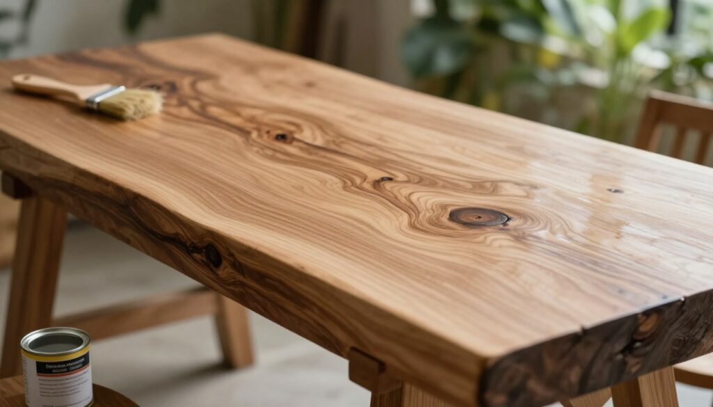 A close-up of a rustic wooden table made from a tree trunk, showcasing the intricate natural grain and knots of the wood. The surface is treated with a glossy protective finish, reflecting light subtly to emphasize the depth of the wood texture. Include a small brush and a tin of wood sealant in the foreground, indicating the process of surface protection. In the background, soft natural light filters through greenery, creating a serene outdoor setting that highlights the craftsmanship of the table. The mood is calm and inviting, suggesting an atmosphere of careful work and appreciation for nature. The image should be well-lit, with a shallow depth of field focusing on the table surface while softly blurring the background greenery. A close-up of a rustic wooden table made from a tree trunk, showcasing the intricate natural grain and knots of the wood. The surface is treated with a glossy protective finish, reflecting light subtly to emphasize the depth of the wood texture. Include a small brush and a tin of wood sealant in the foreground, indicating the process of surface protection. In the background, soft natural light filters through greenery, creating a serene outdoor setting that highlights the craftsmanship of the table. The mood is calm and inviting, suggesting an atmosphere of careful work and appreciation for nature. The image should be well-lit, with a shallow depth of field focusing on the table surface while softly blurring the background greenery.