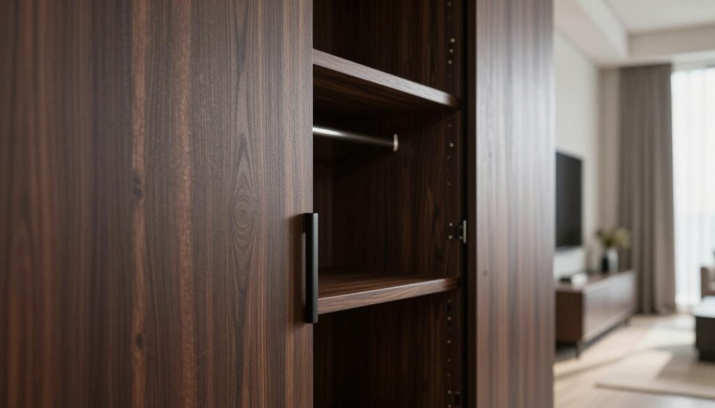 A close-up of a well-crafted dark wenge sliding wardrobe, showcasing the strength and quality of the cabinet's body. The foreground features the textured surface of the wood with visible grains and intricate details highlighting its durability. In the middle, there’s a focus on the sliding doors, slightly ajar to reveal a glimpse of elegant organization inside, reinforcing the idea of functionality. The background is softly blurred, presenting a modern living space with minimalist decor, emphasizing the wardrobe's integration into a stylish interior. Natural light streams in from a nearby window, casting gentle shadows, creating a calm and sophisticated atmosphere. Use a shallow depth of field to enhance the focus on the wardrobe.