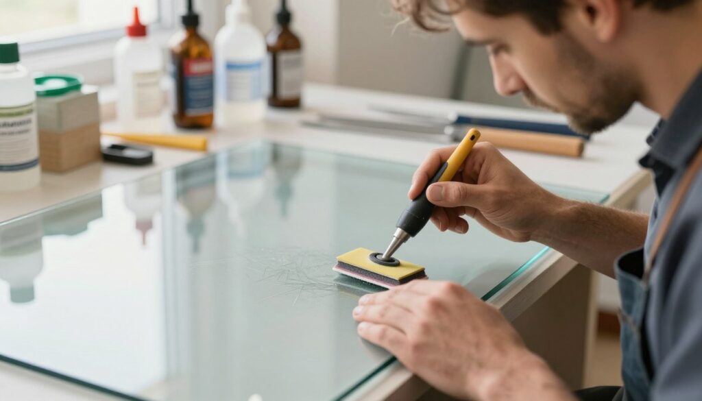 A close-up of a worker carefully preparing a glass surface for restoration, highlighting the meticulous process of removing scratches and imperfections. In the foreground, the craftsman is wearing professional attire, using specialized glass-polishing tools, and applying a fine abrasive compound. The worker’s focused expression conveys dedication and expertise. In the middle ground, a pristine, large glass tabletop reflects the light, showcasing the smooth surface being prepared. Soft, natural lighting illuminates the scene, creating a warm and inviting atmosphere. In the background, a clean workspace filled with various glass-care products and tools enhances the professional setting. The overall mood is one of craftsmanship and attention to detail, emphasizing the importance of proper surface preparation for effective restoration. A close-up of a worker carefully preparing a glass surface for restoration, highlighting the meticulous process of removing scratches and imperfections. In the foreground, the craftsman is wearing professional attire, using specialized glass-polishing tools, and applying a fine abrasive compound. The worker’s focused expression conveys dedication and expertise. In the middle ground, a pristine, large glass tabletop reflects the light, showcasing the smooth surface being prepared. Soft, natural lighting illuminates the scene, creating a warm and inviting atmosphere. In the background, a clean workspace filled with various glass-care products and tools enhances the professional setting. The overall mood is one of craftsmanship and attention to detail, emphasizing the importance of proper surface preparation for effective restoration.