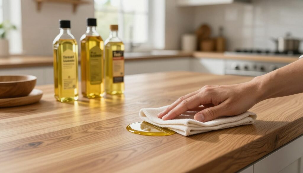 A close-up view of a beautifully polished oak kitchen countertop being oiled. In the foreground, a hand gently applies a clear, golden oil with a soft cloth, showcasing the rich grain of the oak. The middle ground features various bottles of natural oils like linseed and teak, emphasizing the oil choices available for kitchen wood protection. In the background, a well-lit modern kitchen is visible, with natural light streaming in from a nearby window, adding warmth to the scene. The atmosphere is calm and inviting, reflecting the care and attention needed for maintaining kitchen surfaces. The overall composition captures the essence of choosing the right oil for oak countertops, highlighting the importance of wood care in a functional and aesthetic kitchen setting. A close-up view of a beautifully polished oak kitchen countertop being oiled. In the foreground, a hand gently applies a clear, golden oil with a soft cloth, showcasing the rich grain of the oak. The middle ground features various bottles of natural oils like linseed and teak, emphasizing the oil choices available for kitchen wood protection. In the background, a well-lit modern kitchen is visible, with natural light streaming in from a nearby window, adding warmth to the scene. The atmosphere is calm and inviting, reflecting the care and attention needed for maintaining kitchen surfaces. The overall composition captures the essence of choosing the right oil for oak countertops, highlighting the importance of wood care in a functional and aesthetic kitchen setting.