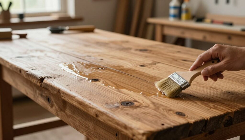 A close-up view of a beautifully weathered wooden table, showcasing its natural grains and textures, emphasizing the protective finish being applied to the surface. In the foreground, a hand gently uses a brush to apply a clear coat, highlighting the glossy sheen that contrasts with the rustic charm of the wood. The middle ground features the rich details of the old wooden planks, revealing knots and imperfections that tell their history. The background is slightly blurred, depicting a warm, well-lit workshop with tools and wood finishing products, creating a cozy, industrious atmosphere. Natural light filters in through a window, casting soft shadows, enhancing the warm tones of the wood surface. A close-up view of a beautifully weathered wooden table, showcasing its natural grains and textures, emphasizing the protective finish being applied to the surface. In the foreground, a hand gently uses a brush to apply a clear coat, highlighting the glossy sheen that contrasts with the rustic charm of the wood. The middle ground features the rich details of the old wooden planks, revealing knots and imperfections that tell their history. The background is slightly blurred, depicting a warm, well-lit workshop with tools and wood finishing products, creating a cozy, industrious atmosphere. Natural light filters in through a window, casting soft shadows, enhancing the warm tones of the wood surface.
