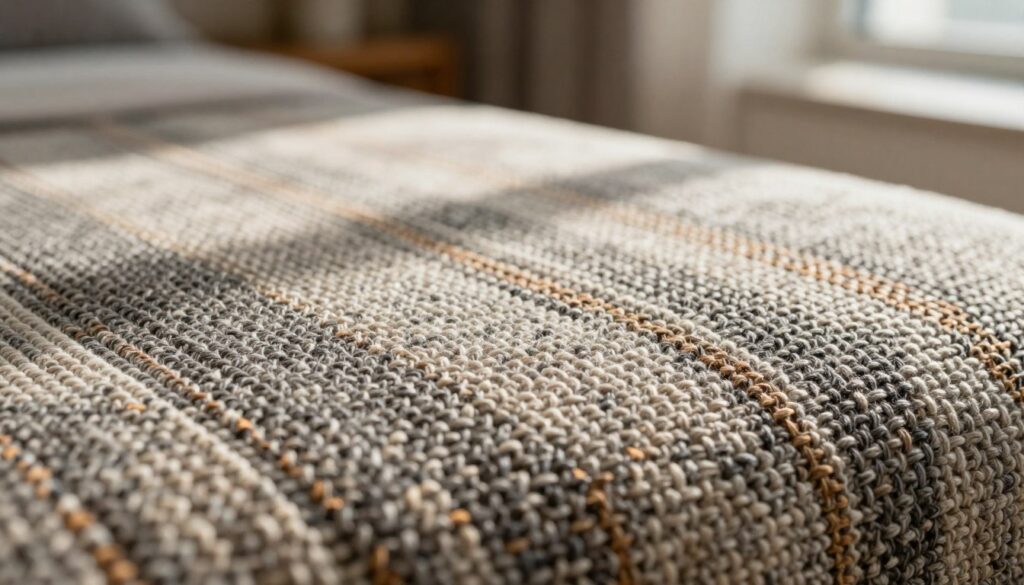 A close-up view of a dense fabric weave showcasing a unique texture and intricate pattern, highlighting the resilience and durability ideal for upholstery. The foreground features the rich colors of the fabric, with a focus on the tightly woven threads that create an inviting, robust appearance. In the middle, soft natural light filters through, enhancing the tactile quality and depth of the fabric, casting gentle shadows that emphasize the dimensionality. The background is softly blurred, suggesting a cozy interior setting, perhaps with a hint of plush furniture to evoke a sense of home and warmth. The overall mood conveys comfort and practicality, illustrating the importance of fabric quality in pet-friendly living spaces. A close-up view of a dense fabric weave showcasing a unique texture and intricate pattern, highlighting the resilience and durability ideal for upholstery. The foreground features the rich colors of the fabric, with a focus on the tightly woven threads that create an inviting, robust appearance. In the middle, soft natural light filters through, enhancing the tactile quality and depth of the fabric, casting gentle shadows that emphasize the dimensionality. The background is softly blurred, suggesting a cozy interior setting, perhaps with a hint of plush furniture to evoke a sense of home and warmth. The overall mood conveys comfort and practicality, illustrating the importance of fabric quality in pet-friendly living spaces.