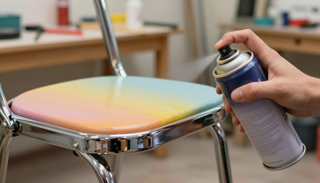 A close-up view of a hand holding a high-quality spray paint can, delicately applying a thin layer of paint onto a shiny chrome chair. In the foreground, the vibrant colors of the paint create a smooth texture against the reflective surface of the chair. The middle ground features a partially painted chair showcasing both the gleaming chrome and the freshly applied layer of paint in contrasting shades. The background is slightly blurred, hinting at a workshop environment with tools and supplies organized neatly. Soft, natural lighting illuminates the scene, creating a warm, inviting atmosphere. The image should capture the meticulousness of the painting technique, emphasizing precision.