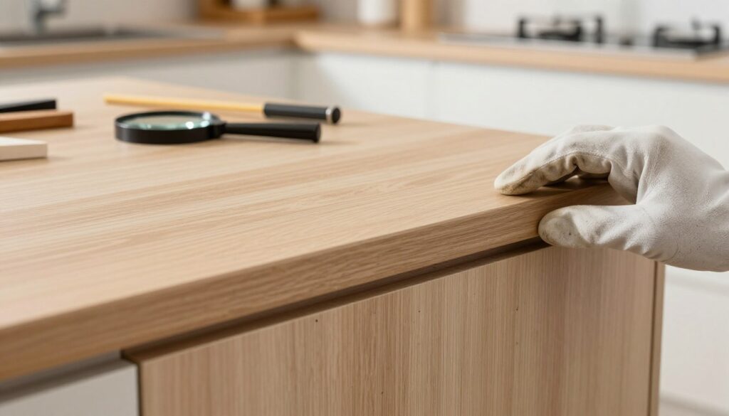 A close-up view of a kitchen cabinet's front and edge, showcasing an expert assessment of its technical condition. Highlight subtle wear and tear, such as scratches and discoloration, with a focus on the wood grain texture and veneer quality. In the foreground, a hand lightly examines the edge of the cabinet, wearing a professional glove to signify care. The middle ground features a well-organized workspace with tools for evaluation, like a magnifying glass and light source. The background shows softly blurred kitchen elements, evoking a clean, modern cooking space. The lighting is bright yet warm, creating an inviting atmosphere. The angle is slightly elevated, capturing both the cabinet details and the overall workspace. The mood is focused and professional, emphasizing attention to detail.