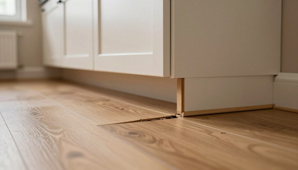 A close-up view of a kitchen demonstrating the dangers of insufficient expansion joints in flooring beneath heavy cabinetry. The foreground features a detailed perspective of a wooden kitchen panel with visible signs of deformation and cracks, indicating stress. In the middle ground, a heavy kitchen cabinet is shown with slight separation from the floor, highlighting the lack of necessary space for expansion. The background features a softly lit kitchen ambiance, with warm light filtering through a window, casting soft shadows. The overall mood conveys a sense of urgency and caution, aiming to emphasize the importance of proper installation practices in home design. No people are present in the image, ensuring a focus on the kitchen elements.
