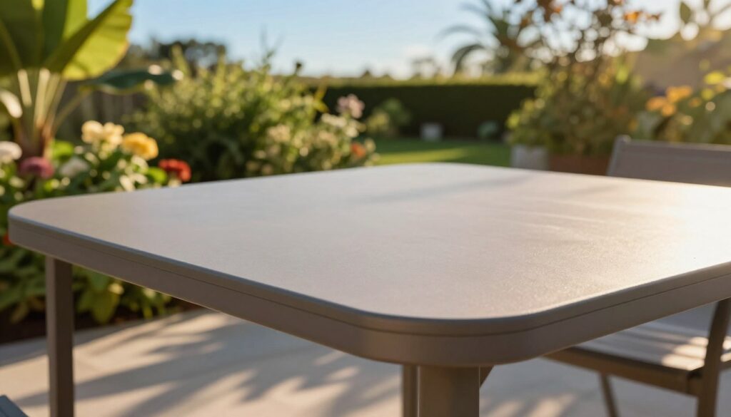 A close-up view of a modern, durable garden table top made from high-quality synthetic materials, showcasing its smooth texture and vibrant color. In the foreground, the table top is prominently displayed with a subtle sheen reflecting sunlight, emphasizing its easy-to-clean surface. In the middle ground, lush green plants and flowers surround the table, enhancing the outdoor setting. In the background, a soft-focus view of a tranquil garden with a clear blue sky serves to highlight the outdoor ambiance. The lighting is warm and inviting, casting soft shadows that accentuate the table's design. The overall mood is serene and refreshing, perfect for an outdoor dining experience.