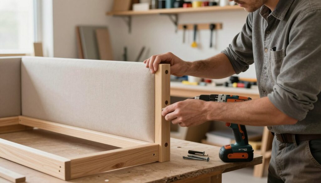 A close-up view of a professional technician in modest casual clothing reinforcing a corner sofa frame in a well-lit workshop environment. The technician is focused on applying sturdy brackets to reinforce the structure, showcasing tools like a power drill and screws positioned on a nearby workbench. The background features shelves stocked with various furniture repair tools and materials, emphasizing a clean and organized workspace. Natural light from a window casts a soft glow, highlighting the details of the wooden frame and the technician's careful work. The atmosphere is one of professionalism and dedication to quality, encapsulating the theme of effective furniture restoration. A close-up view of a professional technician in modest casual clothing reinforcing a corner sofa frame in a well-lit workshop environment. The technician is focused on applying sturdy brackets to reinforce the structure, showcasing tools like a power drill and screws positioned on a nearby workbench. The background features shelves stocked with various furniture repair tools and materials, emphasizing a clean and organized workspace. Natural light from a window casts a soft glow, highlighting the details of the wooden frame and the technician's careful work. The atmosphere is one of professionalism and dedication to quality, encapsulating the theme of effective furniture restoration.