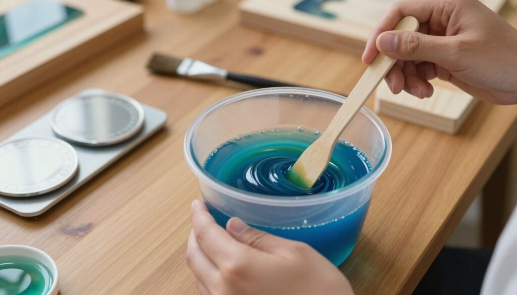 A close-up view of a professional workspace showcasing the process of mixing epoxy resin and hardener. In the foreground, a clear mixing cup filled with vibrant blue and green resin swirls, with a wooden stirring stick. Hands in modest, casual gloves carefully blend the components, focusing on the swirling textures and colors. The middle ground features an assortment of resin tools, including measuring scales, a scale, and a brush, all on a polished wooden table, highlighting the modern and artistic vibe. Soft, natural lighting illuminates the scene, casting gentle shadows and enhancing the glossy finish of the resin. In the background, out of focus, there are partially created wooden tabletops showcasing epoxy accents, creating an inspiring atmosphere of creativity and craftsmanship. A close-up view of a professional workspace showcasing the process of mixing epoxy resin and hardener. In the foreground, a clear mixing cup filled with vibrant blue and green resin swirls, with a wooden stirring stick. Hands in modest, casual gloves carefully blend the components, focusing on the swirling textures and colors. The middle ground features an assortment of resin tools, including measuring scales, a scale, and a brush, all on a polished wooden table, highlighting the modern and artistic vibe. Soft, natural lighting illuminates the scene, casting gentle shadows and enhancing the glossy finish of the resin. In the background, out of focus, there are partially created wooden tabletops showcasing epoxy accents, creating an inspiring atmosphere of creativity and craftsmanship.