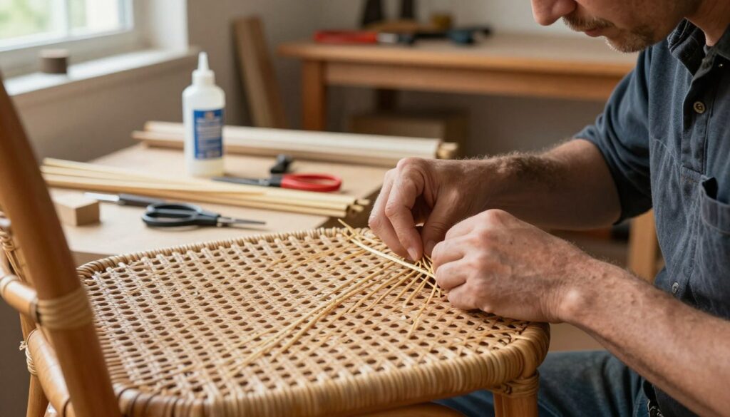 A close-up view of a skilled artisan repairing a rattan chair, focusing on the techniques used to fix damaged weaving. In the foreground, the artisan, dressed in casual professional attire, meticulously weaves new rattan strands into the chair’s seat, showcasing the detailed patterns and textures of the rattan. The middle ground features an array of tools and materials used for rattan repair, such as scissors, glue, and various rattan reeds. The background subtly blurs into a well-lit workshop, filled with tools and wooden furniture, creating an inviting atmosphere. Soft, natural light streams in from a nearby window, highlighting the artisan's focused expression and the intricate details of the repair work, evoking a sense of craftsmanship and dedication. A close-up view of a skilled artisan repairing a rattan chair, focusing on the techniques used to fix damaged weaving. In the foreground, the artisan, dressed in casual professional attire, meticulously weaves new rattan strands into the chair’s seat, showcasing the detailed patterns and textures of the rattan. The middle ground features an array of tools and materials used for rattan repair, such as scissors, glue, and various rattan reeds. The background subtly blurs into a well-lit workshop, filled with tools and wooden furniture, creating an inviting atmosphere. Soft, natural light streams in from a nearby window, highlighting the artisan's focused expression and the intricate details of the repair work, evoking a sense of craftsmanship and dedication.