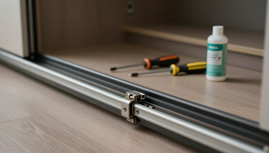 A close-up view of a sliding door mechanism with visible problems, featured prominently in the foreground. The door is partially disassembled, showing the track and rollers with signs of wear and misalignment. In the middle ground, tools like a screwdriver and lubricant are neatly arranged, suggesting an ongoing repair. The background features a modern wardrobe setup with subdued lighting, creating a focused, technical atmosphere. Soft shadows enhance the details on the door and mechanism. The scene is captured at a slightly elevated angle, emphasizing the intricate components of the sliding door system. The overall mood is one of determination and problem-solving, with a hint of complexity in the air. A close-up view of a sliding door mechanism with visible problems, featured prominently in the foreground. The door is partially disassembled, showing the track and rollers with signs of wear and misalignment. In the middle ground, tools like a screwdriver and lubricant are neatly arranged, suggesting an ongoing repair. The background features a modern wardrobe setup with subdued lighting, creating a focused, technical atmosphere. Soft shadows enhance the details on the door and mechanism. The scene is captured at a slightly elevated angle, emphasizing the intricate components of the sliding door system. The overall mood is one of determination and problem-solving, with a hint of complexity in the air.