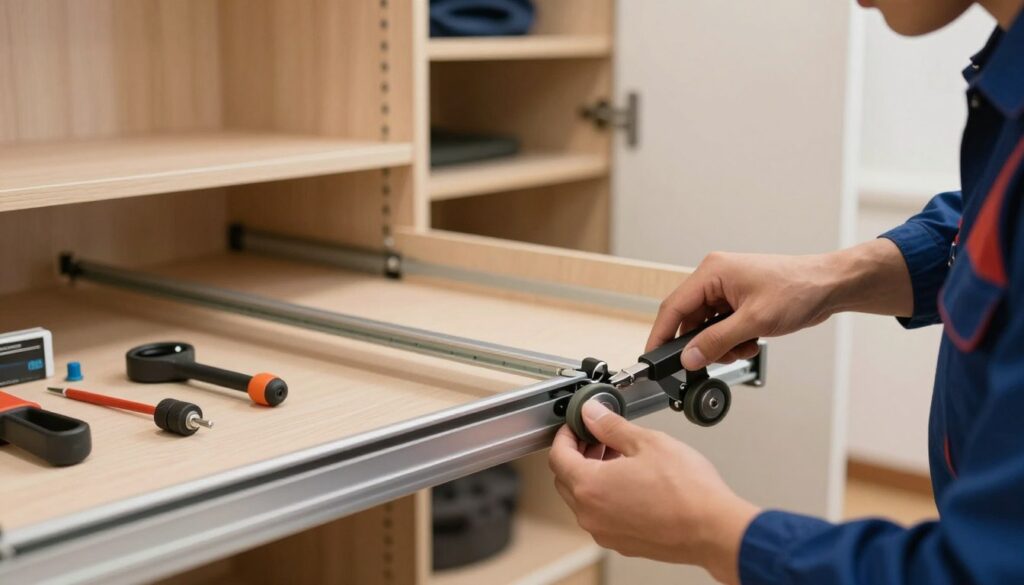 A close-up view of a sliding wardrobe mechanism being carefully serviced and maintained by a skilled technician. The foreground features a person in professional attire, using precision tools to inspect and lubricate the sliding rail and wheels, ensuring smooth operation. In the middle ground, various tools and spare parts are neatly arranged on a workbench, showcasing the maintenance process. The background includes an elegantly designed wardrobe with sliding doors half-open, revealing tidy interior shelves, illuminated by soft, warm lighting. The atmosphere conveys a sense of professionalism and care, highlighting the importance of functionality and longevity in furniture maintenance, while maintaining a clean and organized workspace.