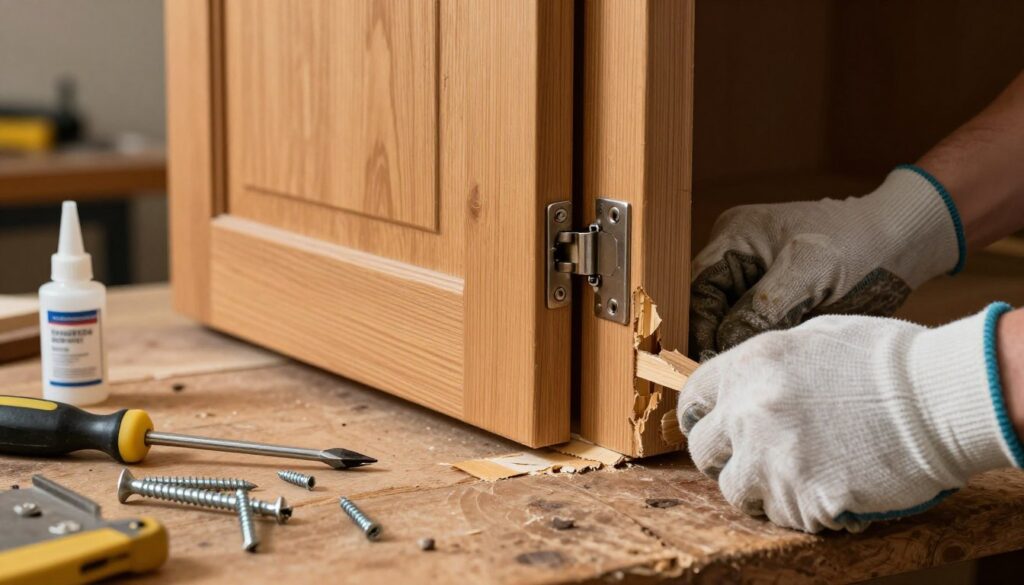 A close-up view of a wooden cabinet door with a damaged hinge, showcasing the area where the hinge has pulled away from the material. The foreground features tools for repair, such as screws, a screwdriver, and wood glue, placed neatly on a rustic workbench. In the middle ground, a pair of hands wearing protective gloves is gently repositioning the hinge against the cabinet door, demonstrating the repair process. The background reveals a cozy workshop environment with warm, soft lighting illuminating the wood textures, creating a focused and industrious atmosphere. Capture this scene from a slightly elevated angle to emphasize the action of fixing the hinge, while maintaining clarity and detail in all elements.