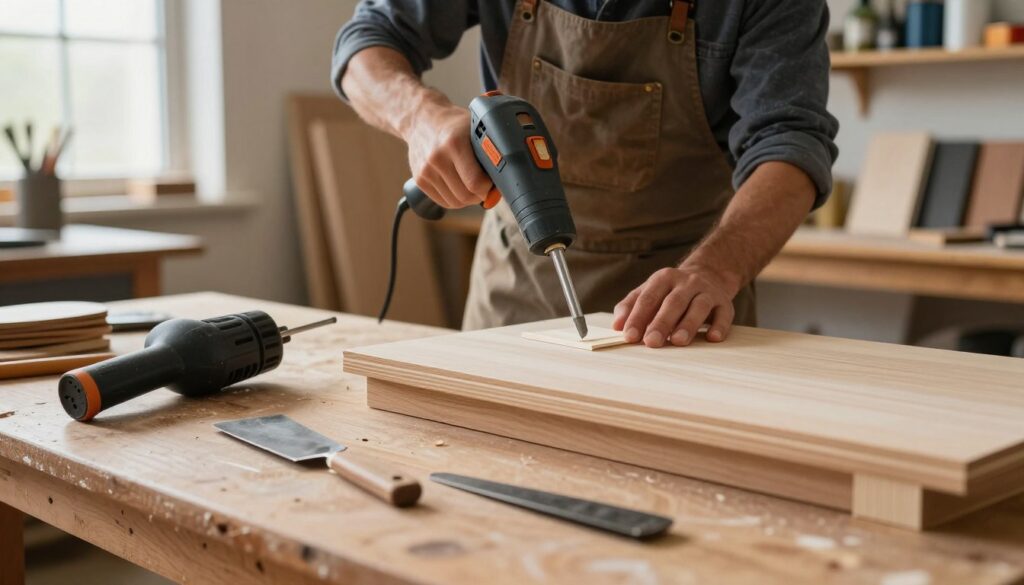 A close-up view of a wooden furniture piece being stripped of its veneer, showcasing various methods of veneer removal. In the foreground, a sturdy workbench holds tools like a heat gun, putty knife, and scraper, emphasizing the detailed process of removing veneer layers. The middle ground features a craftsman in a work apron, carefully applying heat with the gun on a corner of the furniture, showcasing focus and diligence. Soft, diffused daylight filters through a nearby window, creating a warm and inviting atmosphere in the workshop. The background includes shelves filled with restoration supplies and a glimpse of wood samples, enhancing the ambience of craftsmanship and restoration. The overall mood is industrious and educational, highlighting the art of furniture refinishing. A close-up view of a wooden furniture piece being stripped of its veneer, showcasing various methods of veneer removal. In the foreground, a sturdy workbench holds tools like a heat gun, putty knife, and scraper, emphasizing the detailed process of removing veneer layers. The middle ground features a craftsman in a work apron, carefully applying heat with the gun on a corner of the furniture, showcasing focus and diligence. Soft, diffused daylight filters through a nearby window, creating a warm and inviting atmosphere in the workshop. The background includes shelves filled with restoration supplies and a glimpse of wood samples, enhancing the ambience of craftsmanship and restoration. The overall mood is industrious and educational, highlighting the art of furniture refinishing.