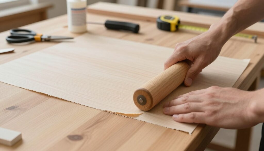 A close-up view of a wooden table surface being re-wrapped with a new high-quality veneer. In the foreground, a pair of hands carefully smooths out the veneer with a wooden roller, showcasing the texture of the material. The middle ground features a partially peeled section of the old veneer, revealing the natural wood underneath, highlighting the contrast between the layers. The background includes tools such as scissors, glue, and a measuring tape, set on a work table in a well-lit workshop. Soft, diffused lighting creates a warm and inviting atmosphere, with a shallow depth of field focusing on the hands and veneer, while the blurred background suggests a professional crafting setting.