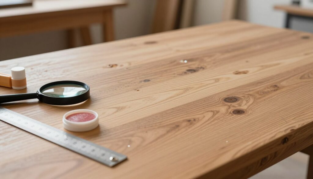 A close-up view of a wooden veneer tabletop in various states of wear, showcasing scratches, dull patches, and areas of potential damage. In the foreground, tools essential for assessment, like a magnifying glass, a flexible ruler, and wood polish, are neatly arranged. The middle ground features the tabletop itself, with detailed textures highlighting the natural wood grain and a few reflective surfaces. The background is softly blurred, suggesting a well-lit workshop environment with warm, inviting lighting to enhance the craftsmanship mood. The overall atmosphere is focused and professional, evoking a sense of care and attention to detail, emphasizing the process of evaluating and restoring the veneer.