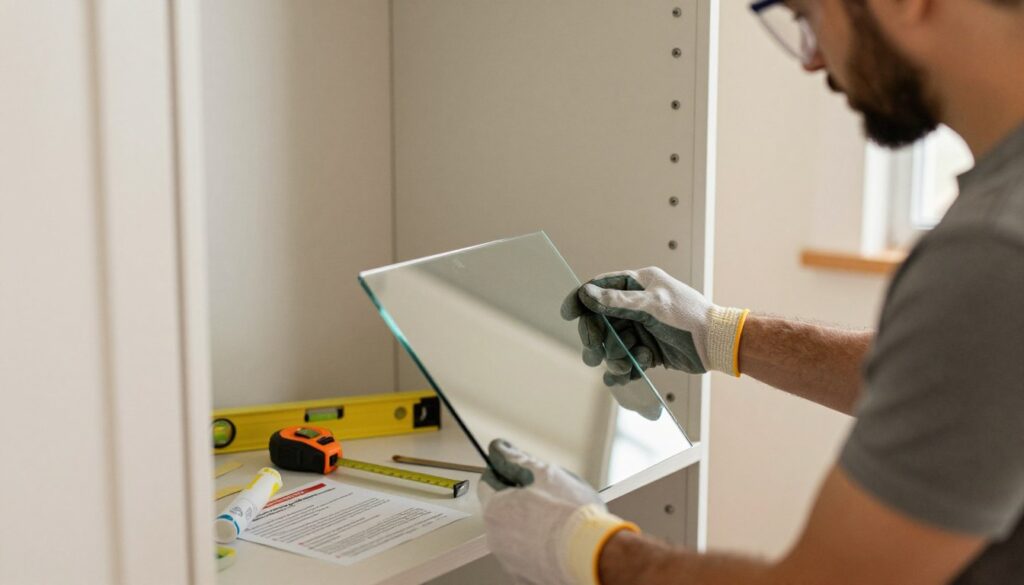 A close-up view of a workspace focused on the safe installation of a mirror on a wardrobe door. In the foreground, a professional wearing modest casual clothing carefully handles a delicate glass mirror, wearing protective gloves and goggles. The middle section showcases tools neatly arranged on a work surface, including a measuring tape, level, and adhesive, with a focus on safety instructions visibly displayed on the workbench. The background features a softly lit room with neutral-colored walls, emphasizing a tidy and organized environment, enhancing the sense of safety. The warm lighting creates a calm, focused atmosphere, conveying the importance of cautious and professional handling of glass during home improvements.