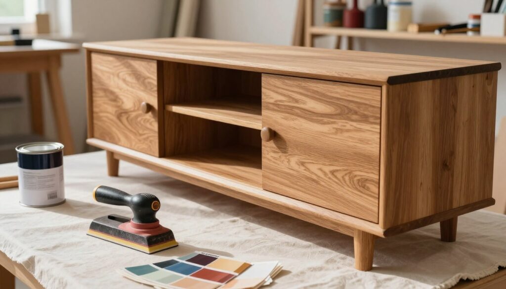 A close-up view of an elegant wooden sideboard undergoing restoration, showcasing various tools and materials used in the process. In the foreground, there's a vintage sander and cans of paint with different color swatches, highlighting options for refinishing. The middle ground features the sideboard, partially stripped to reveal its natural wood grain, positioned on a soft white cloth. In the background, a softly lit workshop ambiance with shelves of neatly organized tools and supplies adds depth. Bright, warm lighting creates a professional yet inviting atmosphere, casting gentle shadows that emphasize craftsmanship. The overall mood evokes a sense of meticulous care and dedication to the art of furniture restoration.