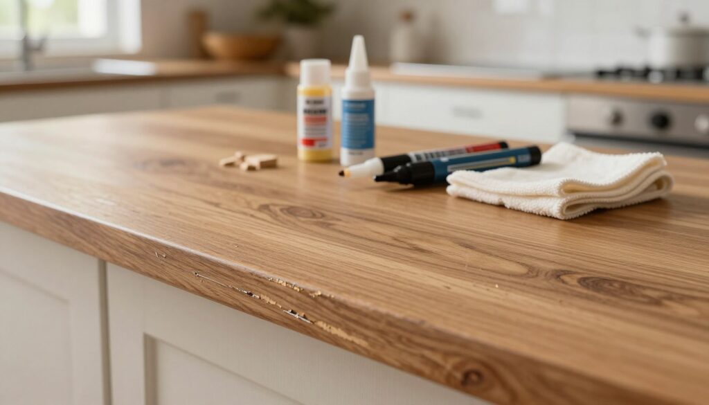A close-up view of damaged veneer on kitchen furniture, showcasing small scratches and chips, to illustrate quick repair methods. In the foreground, focus on a beautifully textured wood grain with visible signs of wear, emphasizing the contrast of light and dark hues in the veneer. The middle ground features a small repair kit, including wood fillers, touch-up pens, and a soft cloth, arranged neatly to suggest usability. In the background, a blurred kitchen setting with modern cabinetry and natural lighting streaming through a window creates a warm and inviting atmosphere. The scene conveys a sense of practicality and creativity, encouraging viewers to envision revitalizing their furniture easily.