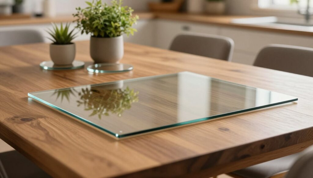 A close-up view of soft PVC glass laid elegantly on a polished wooden dining table. The PVC glass has a gently curved shape, reflecting soft diffused natural light, creating a warm and inviting atmosphere. In the foreground, the textured surface of the table is visible, while subtle shadows play across the PVC glass. In the middle, there are delicate glass coasters and potted green plants, enhancing the decor with a touch of freshness. The background features a softly blurred kitchen environment, with warm lighting that complements the table setting. The overall mood is cozy and sophisticated, showcasing the practical and aesthetic qualities of soft PVC glass as a protective and decorative element.