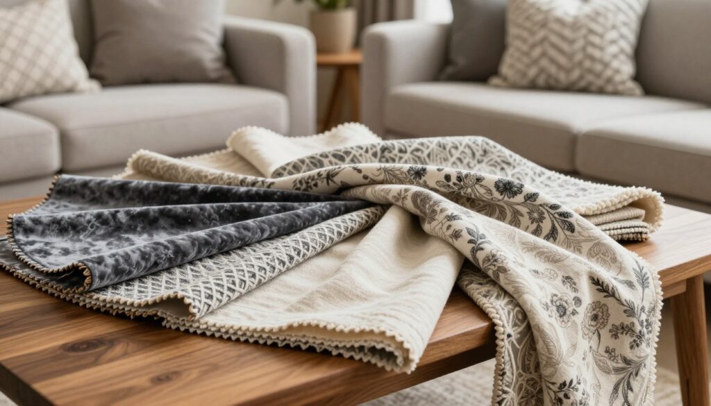 A close-up view of various upholstery fabrics displayed elegantly on a stylish wooden table, showcasing an array of textures and colors such as plush velvet, durable linen, and chic cotton blends. The fabrics are draped artistically, highlighting intricate patterns like florals and geometric designs. In the background, a cozy living room setting is softly lit, with a modern couch and decorative cushions that complement the fabric choices. Warm, natural lighting creates a welcoming atmosphere, enhancing the tactile quality of the materials. The image captures a sense of comfort and style, inviting viewers to consider the beauty and practicality of upholstery selection for their own home decor. A close-up view of various upholstery fabrics displayed elegantly on a stylish wooden table, showcasing an array of textures and colors such as plush velvet, durable linen, and chic cotton blends. The fabrics are draped artistically, highlighting intricate patterns like florals and geometric designs. In the background, a cozy living room setting is softly lit, with a modern couch and decorative cushions that complement the fabric choices. Warm, natural lighting creates a welcoming atmosphere, enhancing the tactile quality of the materials. The image captures a sense of comfort and style, inviting viewers to consider the beauty and practicality of upholstery selection for their own home decor.