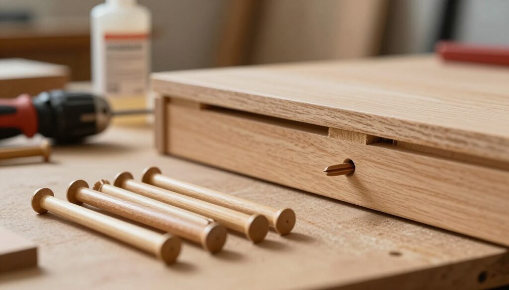 A close-up view of wooden furniture components showcasing wooden dowels (kołki meblowe) for repair. In the foreground, a set of neatly arranged wooden dowels, varying in size, with a smooth, polished finish, reflecting soft ambient light. The middle ground features a partially disassembled wooden cabinet with visible drill holes where the dowels will be inserted, showing a light wood grain texture. The background presents a blurred workshop scene, with tools like a drill and wood glue subtly out of focus, creating a sense of a practical DIY environment. The lighting is warm and inviting, suggesting a cozy, hands-on atmosphere perfect for home repairs.