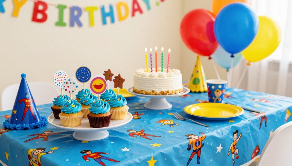A colorful birthday table setting for a young boy, featuring a vibrant blue tablecloth adorned with playful designs of superheroes and cartoons. In the foreground, a selection of delicious cupcakes with blue frosting, colorful sprinkles, and themed toppers is arranged on a cake stand. Beside them, fun party hats and colorful balloons in bright shades of blue, red, and yellow add to the festive mood. In the middle ground, cheerful plates and cups feature fun designs, along with a large birthday cake decorated with colorful candles. The background includes a cheerful banner with birthday wishes, and soft, warm lighting creates a joyful atmosphere. The scene is captured from a slightly elevated angle to showcase all the details, bringing a sense of celebration and joy to the image. A colorful birthday table setting for a young boy, featuring a vibrant blue tablecloth adorned with playful designs of superheroes and cartoons. In the foreground, a selection of delicious cupcakes with blue frosting, colorful sprinkles, and themed toppers is arranged on a cake stand. Beside them, fun party hats and colorful balloons in bright shades of blue, red, and yellow add to the festive mood. In the middle ground, cheerful plates and cups feature fun designs, along with a large birthday cake decorated with colorful candles. The background includes a cheerful banner with birthday wishes, and soft, warm lighting creates a joyful atmosphere. The scene is captured from a slightly elevated angle to showcase all the details, bringing a sense of celebration and joy to the image.