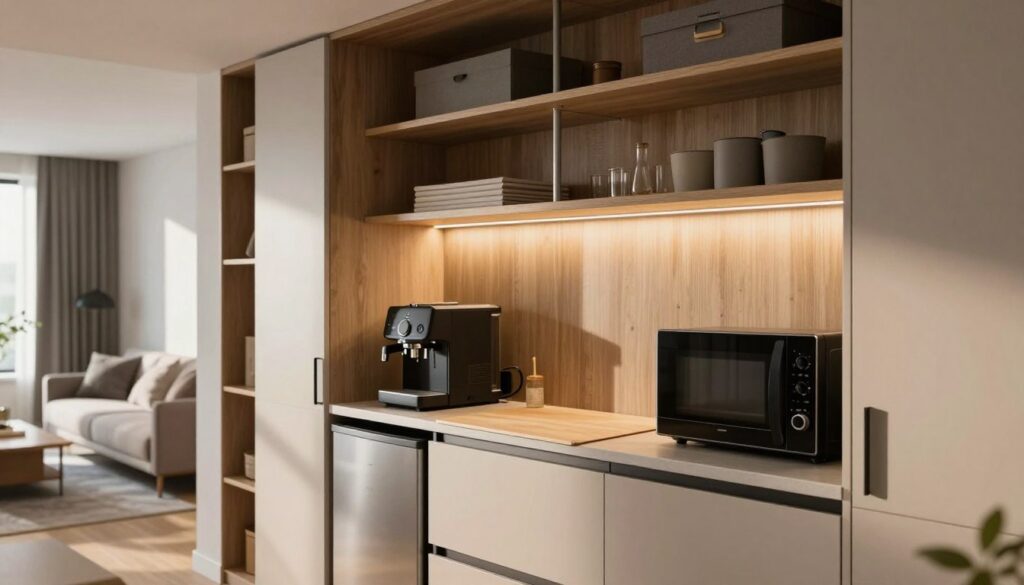 A compact, modern hidden kitchen elegantly integrated into a stylish closet, showcasing innovative design and smart storage solutions. In the foreground, sleek cabinets with minimalist handles conceal appliances like a small refrigerator, microwave, and a folding countertop. The middle layer features a subtle ambient light illuminating the space, highlighting the textures of the wood and finish. A coffee machine is subtly placed near the front, enhancing functionality. In the background, a chic open living space with contemporary furnishings creates a warm and inviting atmosphere. Soft natural lighting streams in through a nearby window, casting gentle shadows that emphasize the kitchen's clever design. The overall mood is sleek, functional, and cozy—ideal for a bachelor apartment, office, or compact kitchen area. A compact, modern hidden kitchen elegantly integrated into a stylish closet, showcasing innovative design and smart storage solutions. In the foreground, sleek cabinets with minimalist handles conceal appliances like a small refrigerator, microwave, and a folding countertop. The middle layer features a subtle ambient light illuminating the space, highlighting the textures of the wood and finish. A coffee machine is subtly placed near the front, enhancing functionality. In the background, a chic open living space with contemporary furnishings creates a warm and inviting atmosphere. Soft natural lighting streams in through a nearby window, casting gentle shadows that emphasize the kitchen's clever design. The overall mood is sleek, functional, and cozy—ideal for a bachelor apartment, office, or compact kitchen area.