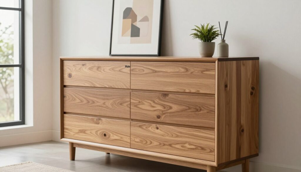 A contemporary "Matos" chest of drawers crafted from Wotan oak takes center stage in a stylish living room. The foreground showcases the sleek lines and rich texture of the wood, with the natural grain of the oak highlighted under soft, warm lighting. The middle ground displays a minimalist decor, featuring geometric art pieces on the wall and tasteful potted plants beside the chest. In the background, a large window floods the space with natural light, illuminating the harmonious color palette of soft whites and earthy tones. The atmosphere conveys modern elegance and functionality, inviting viewers to imagine the chest's potential in their own interior design. The scene is captured from a slightly elevated angle, emphasizing both the chest and the surrounding decor.