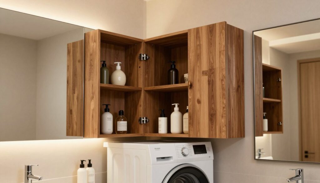 A contemporary bathroom scene featuring a stylish hanging cabinet positioned above a washing machine, showcasing its functional design and maximizing storage space. The cabinet is crafted from high-quality, locally-sourced wood, with a sleek finish and minimalist design. The foreground includes neatly organized toiletries and decorative items on the cabinet's shelves, radiating a sense of order. In the middle, the washing machine adds a practical touch, while the background reveals soft, ambient lighting that enhances the warm tones of the wood. A large mirror reflects the scene, creating depth. The atmosphere is calm and inviting, suggesting an efficient yet stylish solution for modern living. Ideal angle: slightly above eye level for a comprehensive view of the space. No text or watermarks in the image. A contemporary bathroom scene featuring a stylish hanging cabinet positioned above a washing machine, showcasing its functional design and maximizing storage space. The cabinet is crafted from high-quality, locally-sourced wood, with a sleek finish and minimalist design. The foreground includes neatly organized toiletries and decorative items on the cabinet's shelves, radiating a sense of order. In the middle, the washing machine adds a practical touch, while the background reveals soft, ambient lighting that enhances the warm tones of the wood. A large mirror reflects the scene, creating depth. The atmosphere is calm and inviting, suggesting an efficient yet stylish solution for modern living. Ideal angle: slightly above eye level for a comprehensive view of the space. No text or watermarks in the image.