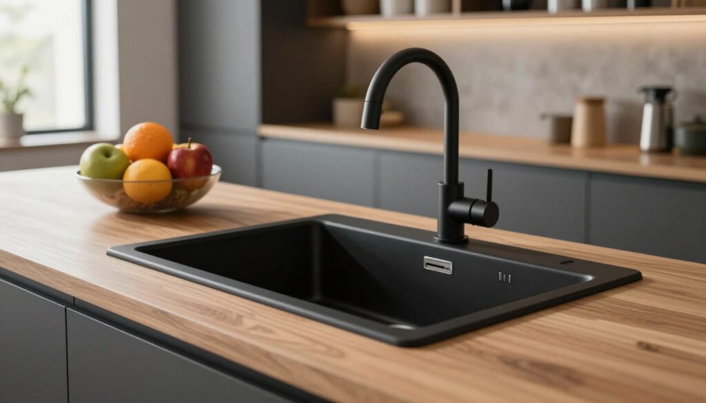 A contemporary kitchen scene featuring a sleek, contrasting sink, showcasing a matte black finish against a warm wooden countertop. The foreground highlights the sink's elegant design with subtle reflections of overhead ambient lighting. In the middle ground, a vibrant fruit bowl adds a touch of color, emphasizing the contrast theme, while a stylish faucet elegantly arches over the sink. In the background, soft-focus cabinetry and minimalist shelving create a harmonious atmosphere, complemented by natural light filtering through a nearby window. The overall mood is modern and inviting, with a balance between contrast and harmony, capturing the essence of contemporary kitchen design.