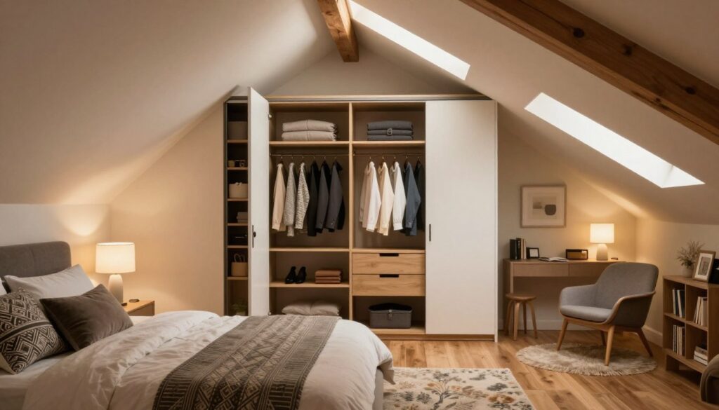 A cozy and functional attic bedroom, featuring a stylish wardrobe area under the sloped ceiling. The foreground showcases a neatly made bed with elegant linens, accompanied by decorative pillows. In the middle, a modern wardrobe with sliding doors is seamlessly integrated into the design, displaying neatly arranged clothes and accessories. The background features soft, warm lighting filtering through a skylight, illuminating wooden beams and enhancing the inviting atmosphere. A plush rug adds warmth to the wooden floor, while a small reading nook with a comfortable chair and a bookshelf is visible in the corner. The scene conveys a serene and organized ambiance, ideal for restful nights and efficient use of space.