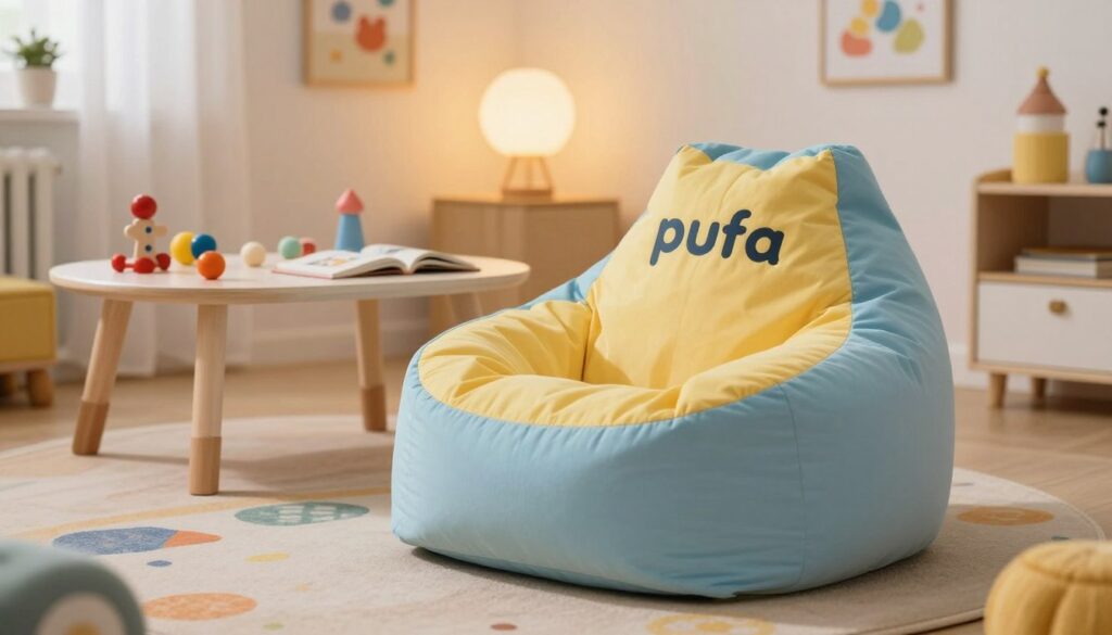 A cozy and inviting child's room featuring a soft, vibrant "pufa" bean bag chair, perfectly positioned beside a low, sturdy table. In the foreground, the pufa is plush and colorful, perhaps in shades of pastel blue and yellow, inviting and safe for young children. The middle ground shows the low table adorned with playful toys and books, emphasizing a nurturing environment. The background features soft, warm lighting, coming from a corner lamp, creating a serene atmosphere. The room is decorated with cheerful wall art and a rug with a playful design. The overall mood is comforting and playful, making it an ideal space for relaxation and creativity.