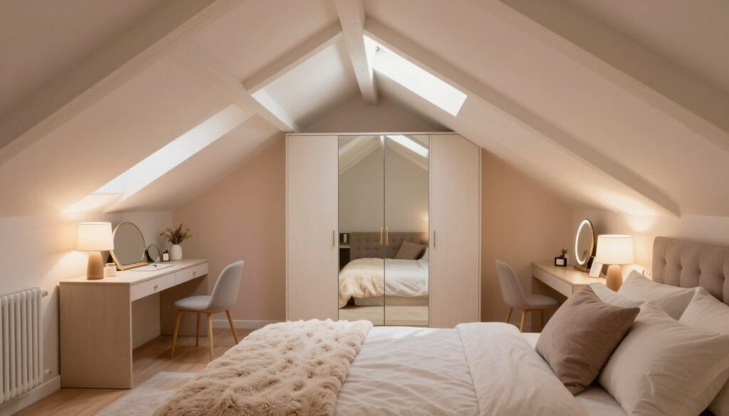 A cozy attic bedroom with sloped ceilings, featuring a well-organized dressing area. In the foreground, a beautifully made bed with soft, light-colored linens and a plush, textured throw blanket. The middle ground showcases a stylish wardrobe with mirrored doors reflecting the soft, diffuse light coming from a strategically placed skylight. In the background, white wooden beams contrast with warm pastels on the walls, creating an inviting atmosphere. Gentle, ambient lighting highlights key areas, enhancing the spacious feel. The scene exudes a sense of tranquility and elegance, perfect for making the most of a functional yet aesthetic design. Soft shadows play across the room, emphasizing its cozy charm.
