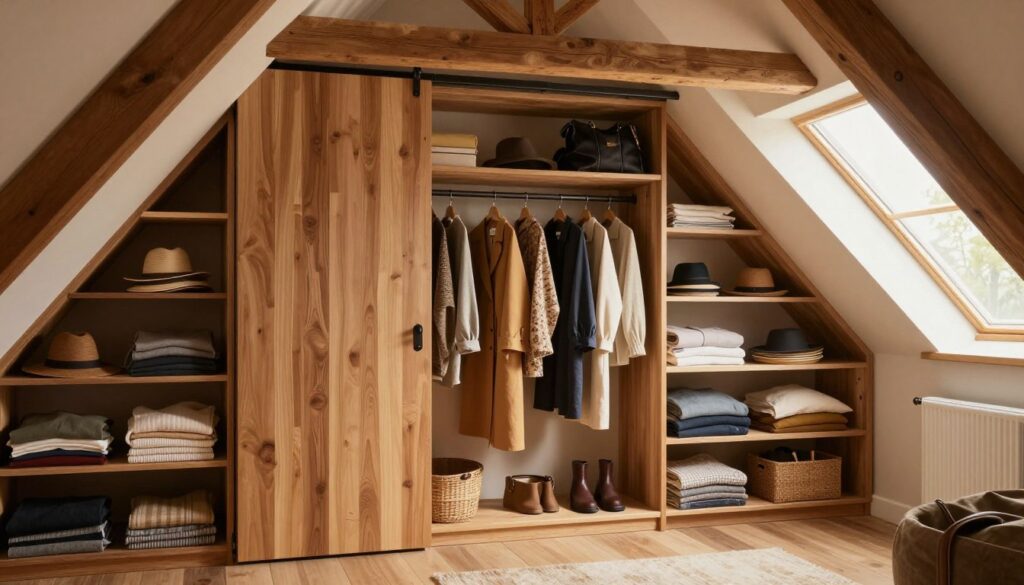 A cozy attic wardrobe designed to maximize space under slanted ceilings, featuring shelves filled with neatly arranged folded clothes and accessories like hats and bags. In the foreground, a stylish, wooden sliding door opens to reveal a well-organized interior. The middle ground showcases hanging garments on elegant hangers, complemented by soft lighting that highlights textures and colors of the fabrics. The background consists of exposed beams and warm, natural wood tones enhancing the inviting atmosphere. A large window lets in gentle daylight, casting a warm glow over the scene, creating a serene, organized feel that reflects efficient storage solutions for a small space. A cozy attic wardrobe designed to maximize space under slanted ceilings, featuring shelves filled with neatly arranged folded clothes and accessories like hats and bags. In the foreground, a stylish, wooden sliding door opens to reveal a well-organized interior. The middle ground showcases hanging garments on elegant hangers, complemented by soft lighting that highlights textures and colors of the fabrics. The background consists of exposed beams and warm, natural wood tones enhancing the inviting atmosphere. A large window lets in gentle daylight, casting a warm glow over the scene, creating a serene, organized feel that reflects efficient storage solutions for a small space.